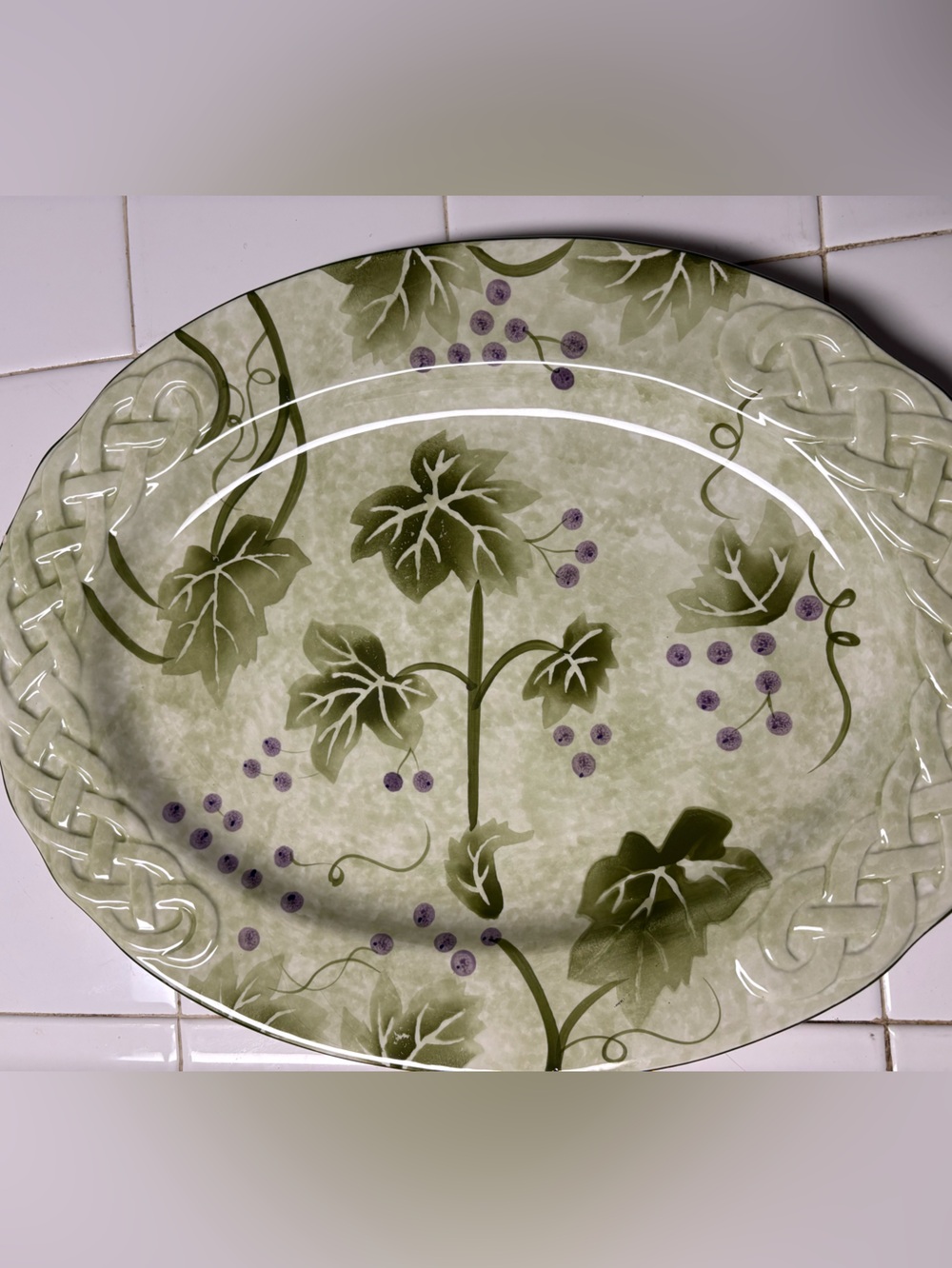 Green Vine Ceramic Serving Platter - Leaf & Grape Design